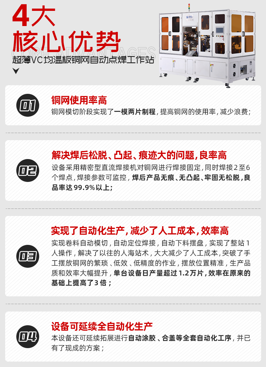 超薄VC均溫板銅網(wǎng)自動點焊工作站核心優(yōu)勢