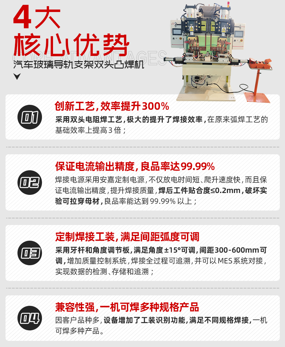 汽車玻璃導(dǎo)軌支架雙頭凸焊機核心優(yōu)勢