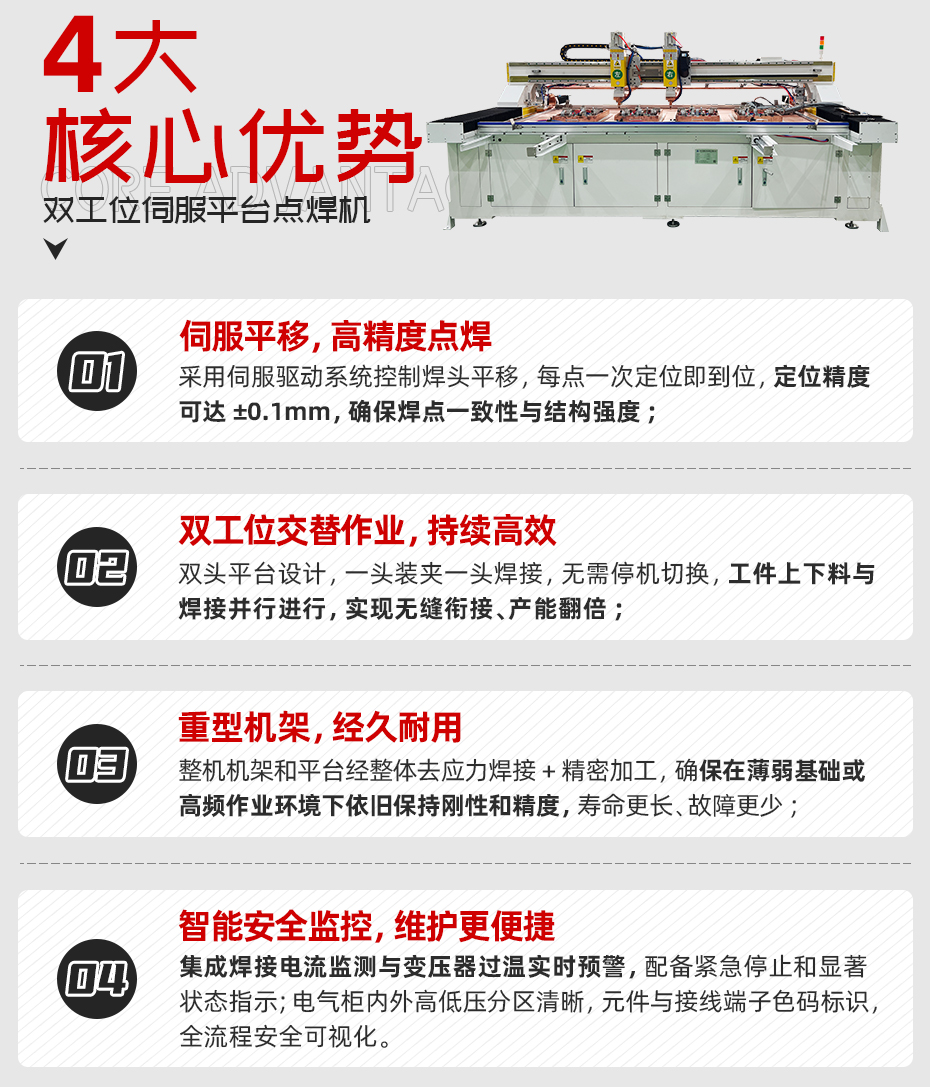 雙工位伺服平臺(tái)點(diǎn)焊機(jī)詳情核心優(yōu)勢(shì)